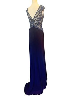 Tony Bowls Evenings Navy Blue Beaded Butterfly Back VNeck Jersey Evening Gown 12
